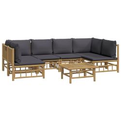 Salon de jardin meuble d'ext&eacute;rieur ensemble de mobilier 7 pi&egrave;ces avec coussins gris fonc&eacute; bambou 02