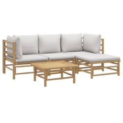 Salon de jardin meuble d'ext&eacute;rieur ensemble de mobilier 5 pi&egrave;ces avec coussins gris clair bambou 02
