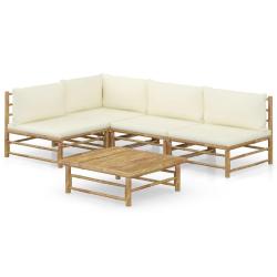 Salon de jardin meuble d'ext&eacute;rieur ensemble de mobilier 5 pi&egrave;ces avec coussins blanc cr&egrave;me bambou 0