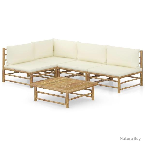 Salon de jardin meuble d'ext�rieur ensemble de mobilier 5 pi�ces avec coussins blanc cr�me bambou 0