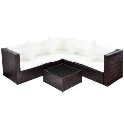 Salon de jardin meuble d'ext&eacute;rieur ensemble de mobilier 4 pi&egrave;ces avec coussins r&eacute;sine tress&eacute;e marro