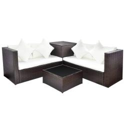 Salon de jardin meuble d'ext&eacute;rieur ensemble de mobilier 4 pi&egrave;ces avec coussins r&eacute;sine tress&eacute;e marro