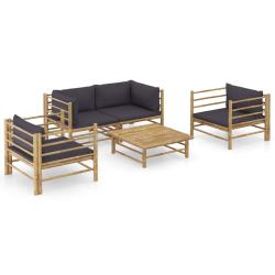 Salon de jardin meuble d'ext&eacute;rieur ensemble de mobilier 5 pi&egrave;ces avec coussins gris fonc&eacute; bambou 02
