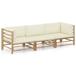 Salon de jardin meuble d'ext&eacute;rieur ensemble de mobilier 3 pi&egrave;ces avec coussins blanc cr&egrave;me bambou 0