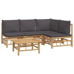 Salon de jardin meuble d'ext&eacute;rieur ensemble de mobilier 5 pi&egrave;ces avec coussins gris fonc&eacute; bambou 02
