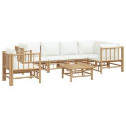 Salon de jardin meuble d'ext&eacute;rieur ensemble de mobilier 7 pi&egrave;ces avec coussins blanc cr&egrave;me bambou 0