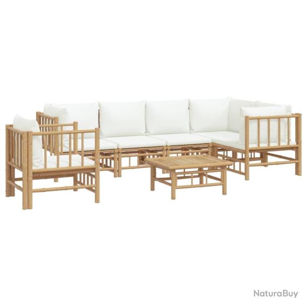 Salon de jardin meuble d'ext�rieur ensemble de mobilier 7 pi�ces avec coussins blanc cr�me bambou 0