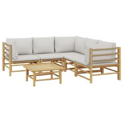 Salon de jardin meuble d'ext&eacute;rieur ensemble de mobilier 6 pi&egrave;ces avec coussins gris clair bambou 02