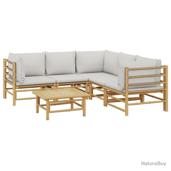 Salon de jardin meuble d'ext�rieur ensemble de mobilier 6 pi�ces avec coussins gris clair bambou 02