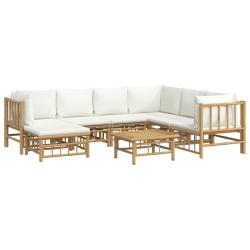 Salon de jardin meuble d'ext&eacute;rieur ensemble de mobilier 8 pi&egrave;ces avec coussins blanc cr&egrave;me bambou 0