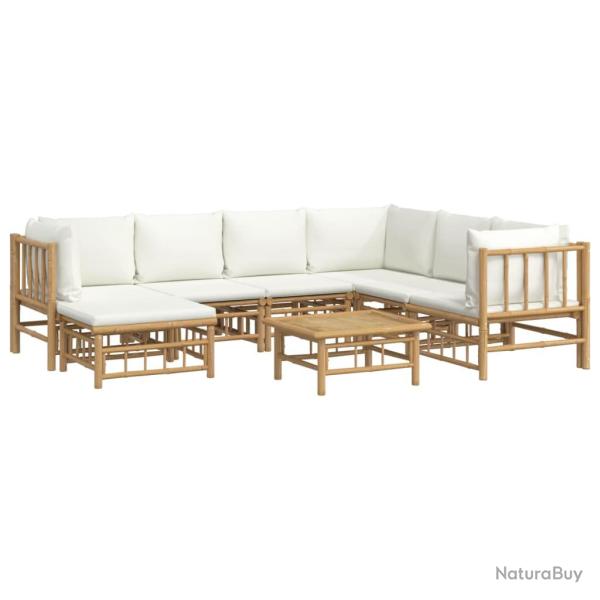 Salon de jardin meuble d'ext�rieur ensemble de mobilier 8 pi�ces avec coussins blanc cr�me bambou 0