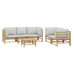 Salon de jardin meuble d'ext&eacute;rieur ensemble de mobilier 6 pi&egrave;ces avec coussins gris clair bambou 02