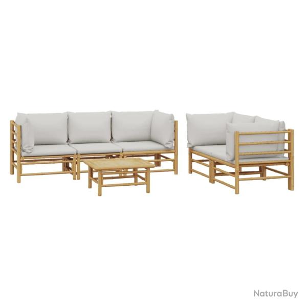 Salon de jardin meuble d'ext�rieur ensemble de mobilier 6 pi�ces avec coussins gris clair bambou 02