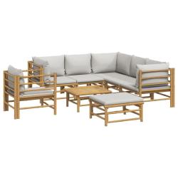 Salon de jardin meuble d'ext&eacute;rieur ensemble de mobilier 8 pi&egrave;ces avec coussins gris clair bambou 02