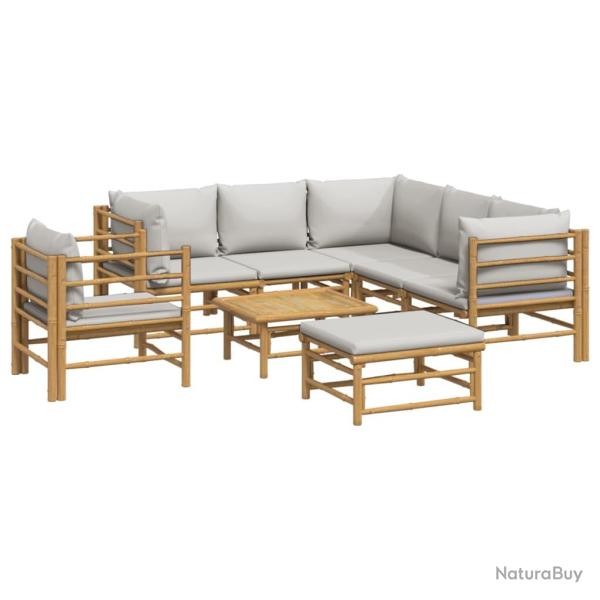 Salon de jardin meuble d'ext�rieur ensemble de mobilier 8 pi�ces avec coussins gris clair bambou 02