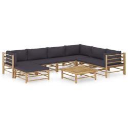 Salon de jardin meuble d'ext&eacute;rieur ensemble de mobilier 8 pi&egrave;ces avec coussins gris fonc&eacute; bambou 02