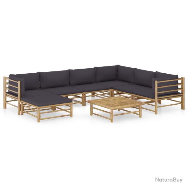 Salon de jardin meuble d'ext�rieur ensemble de mobilier 8 pi�ces avec coussins gris fonc� bambou 02