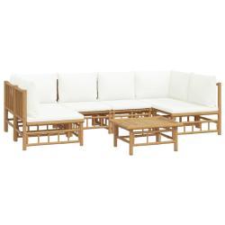 Salon de jardin meuble d'ext&eacute;rieur ensemble de mobilier 7 pi&egrave;ces avec coussins blanc cr&egrave;me bambou 0