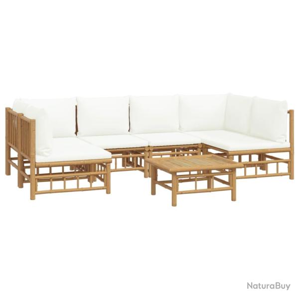 Salon de jardin meuble d'ext�rieur ensemble de mobilier 7 pi�ces avec coussins blanc cr�me bambou 0