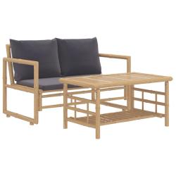 Salon de jardin meuble d'ext&eacute;rieur ensemble de mobilier 2 pi&egrave;ces avec coussins gris fonc&eacute; bambou 02