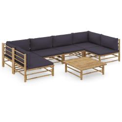 Salon de jardin meuble d'ext&eacute;rieur ensemble de mobilier 7 pi&egrave;ces avec coussins gris fonc&eacute; bambou 02