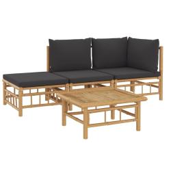 Salon de jardin meuble d'ext&eacute;rieur ensemble de mobilier 4 pi&egrave;ces avec coussins gris fonc&eacute; bambou 02