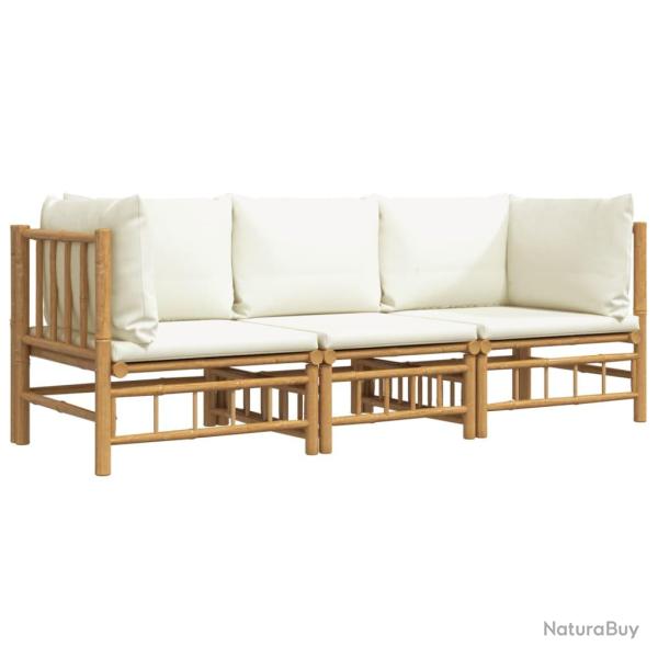 Salon de jardin meuble d'ext�rieur ensemble de mobilier 3 pi�ces avec coussins blanc cr�me bambou 0