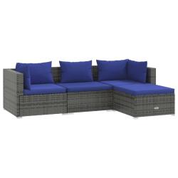 Salon de jardin meuble d'ext&eacute;rieur ensemble de mobilier 4 pi&egrave;ces avec coussins r&eacute;sine tress&eacute;e gris