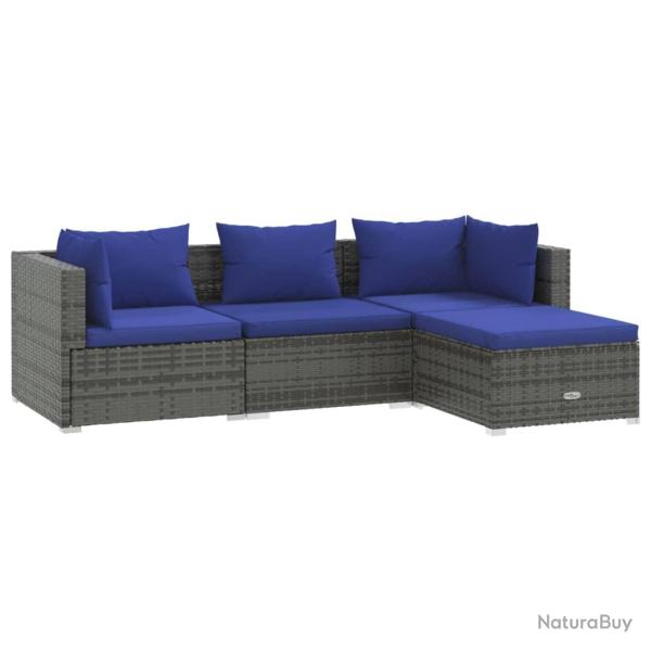 Salon de jardin meuble d'ext�rieur ensemble de mobilier 4 pi�ces avec coussins r�sine tress�e gris