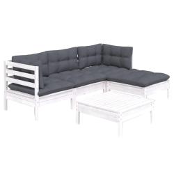 Salon de jardin meuble d'ext&eacute;rieur ensemble de mobilier 5 pi&egrave;ces avec coussins blanc bois de pin 02