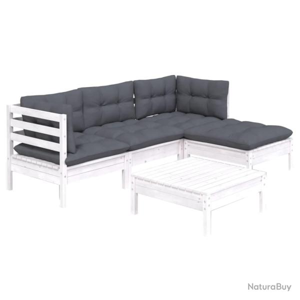 Salon de jardin meuble d'ext�rieur ensemble de mobilier 5 pi�ces avec coussins blanc bois de pin 02