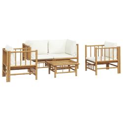 Salon de jardin meuble d'ext&eacute;rieur ensemble de mobilier 5 pi&egrave;ces avec coussins blanc cr&egrave;me bambou 0