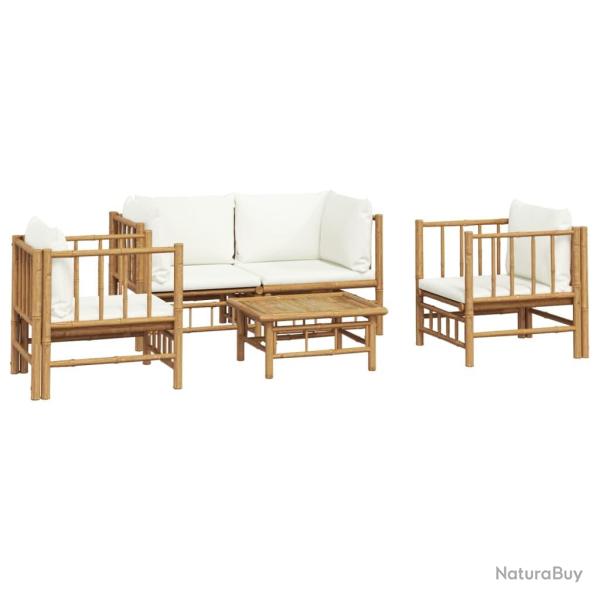 Salon de jardin meuble d'ext�rieur ensemble de mobilier 5 pi�ces avec coussins blanc cr�me bambou 0