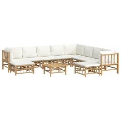 Salon de jardin meuble d'ext&eacute;rieur ensemble de mobilier 11 pi&egrave;ces avec coussins blanc cr&egrave;me bambou