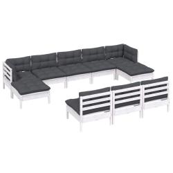 Salon de jardin meuble d'ext&eacute;rieur ensemble de mobilier 10 pi&egrave;ces avec coussins blanc bois de pin 0