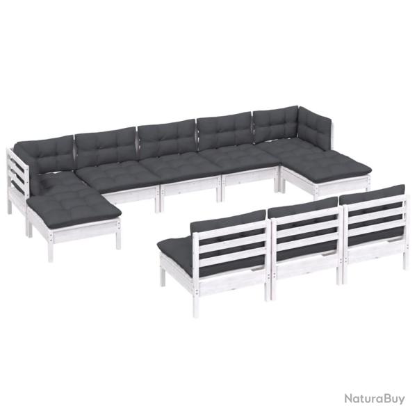 Salon de jardin meuble d'ext�rieur ensemble de mobilier 10 pi�ces avec coussins blanc bois de pin 0