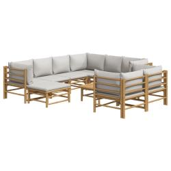 Salon de jardin meuble d'ext&eacute;rieur ensemble de mobilier 10 pi&egrave;ces avec coussins gris clair bambou 0