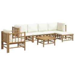 Salon de jardin meuble d'ext&eacute;rieur ensemble de mobilier 7 pi&egrave;ces avec coussins blanc cr&egrave;me bambou 0