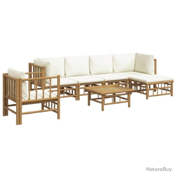 Salon de jardin meuble d'ext�rieur ensemble de mobilier 7 pi�ces avec coussins blanc cr�me bambou 0