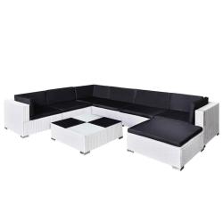 Salon de jardin meuble d'ext&eacute;rieur ensemble de mobilier 8 pi&egrave;ces avec coussins r&eacute;sine tress&eacute;e blanc