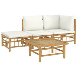 Salon de jardin meuble d'ext&eacute;rieur ensemble de mobilier 4 pi&egrave;ces avec coussins blanc cr&egrave;me bambou 0