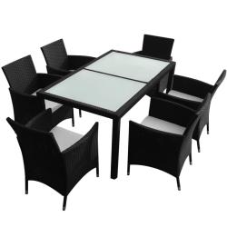 Mobilier &agrave; d&icirc;ner salon de jardin 7 pi&egrave;ces avec coussins r&eacute;sine tress&eacute;e noir 02_0014932