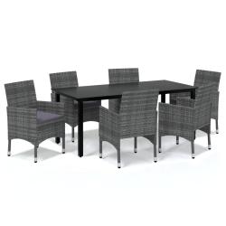 Mobilier &agrave; d&icirc;ner de jardin et coussins 7 pi&egrave;ces r&eacute;sine tress&eacute;e gris 02_0014912