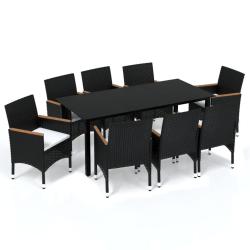 Mobilier &agrave; d&icirc;ner de jardin et coussins 9 pi&egrave;ces r&eacute;sine tress&eacute;e noir 02_0014918