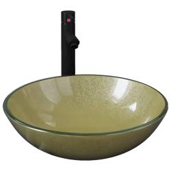 Lavabo vasque salle de bain diam&egrave;tre 42 cm avec robinet et drain &agrave; poussoir verre tremp&eacute; 02_0002865
