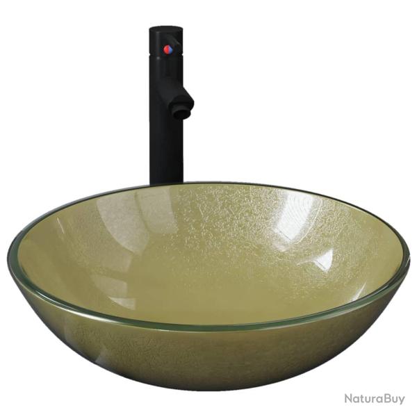 Lavabo vasque salle de bain diam�tre 42 cm avec robinet et drain � poussoir verre tremp� 02_0002865