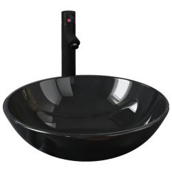 Lavabo vasque salle de bain diam&egrave;tre 42 cm avec robinet et drain &agrave; poussoir verre tremp&eacute; noir 02_00