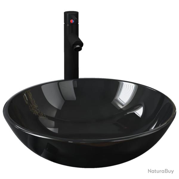 Lavabo vasque salle de bain diam�tre 42 cm avec robinet et drain � poussoir verre tremp� noir 02_00