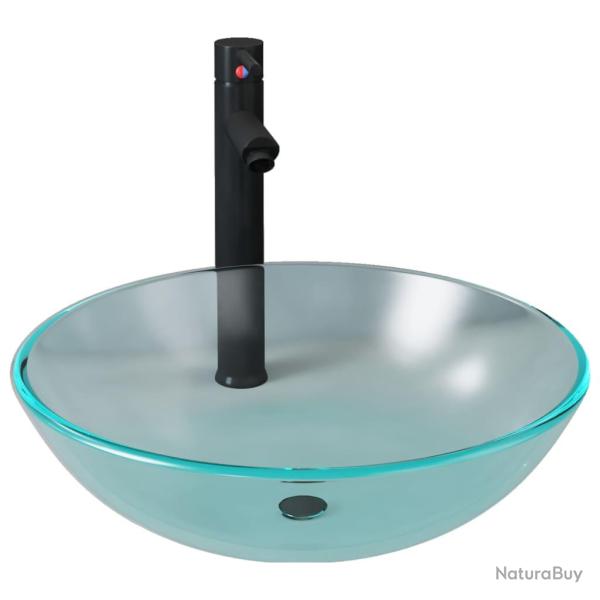 Lavabo vasque salle de bain diam�tre 42 cm avec robinet et drain � poussoir verre tremp� 02_0002850