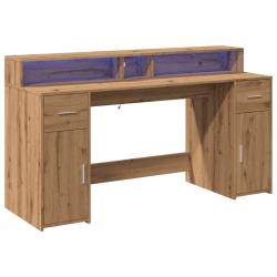 Bureau table poste de travail meuble d'ordinateur informatique &eacute;tude avec lumi&egrave;res LED ch&ecirc;ne artisa